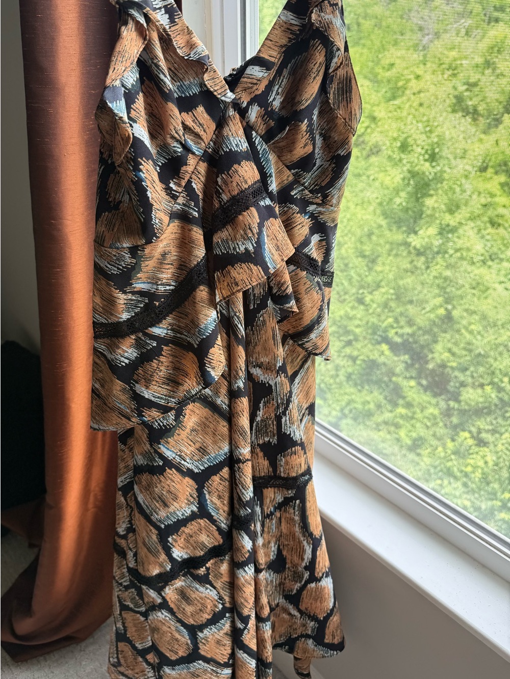 HUNTER BELL Sleeveless V-Neck Midi Dress in Brown and Black Abstract Print - Picture 3 of 7